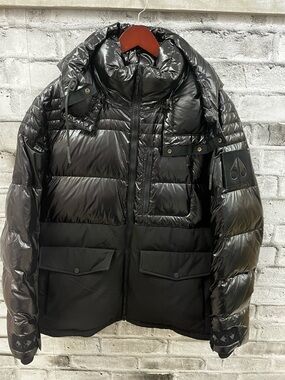 Moose Knuckles Glossy Black Quilted Puffer Jacket with Hood